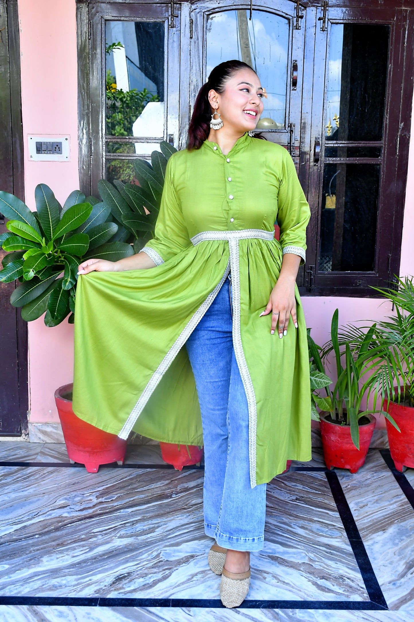 Women cut out dress green cotton