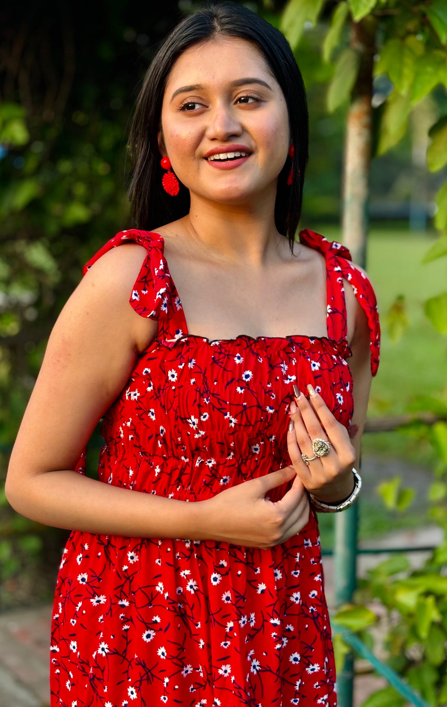 Women red flared dress