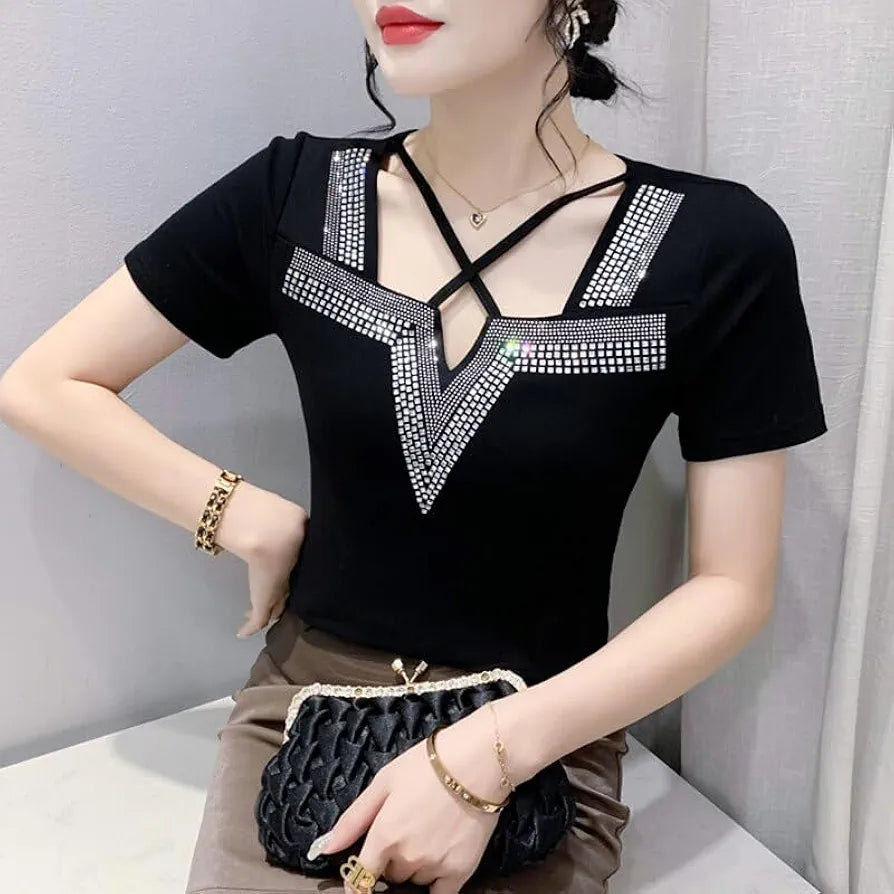 Women top black corian v neck
