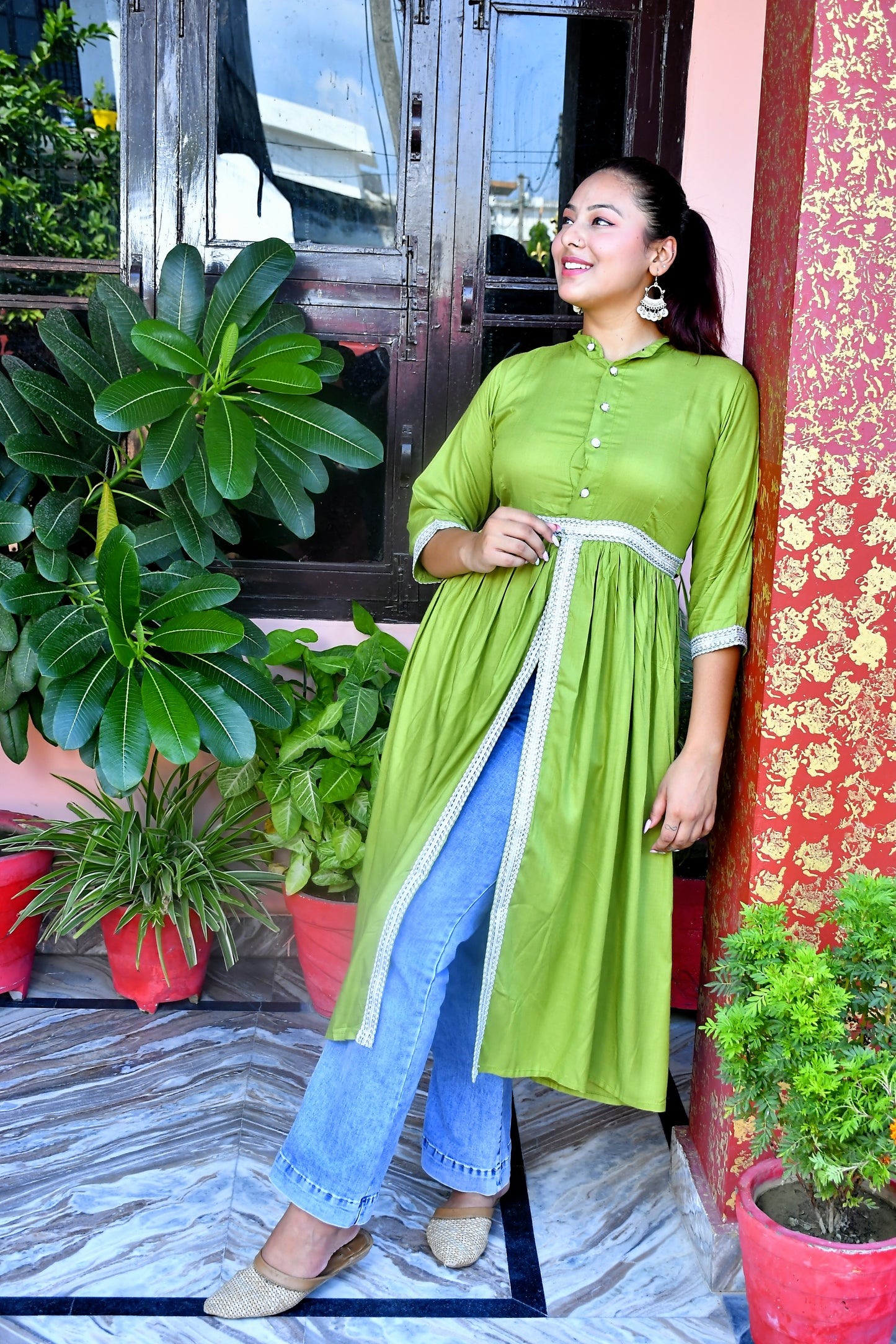 Women cut out dress green cotton