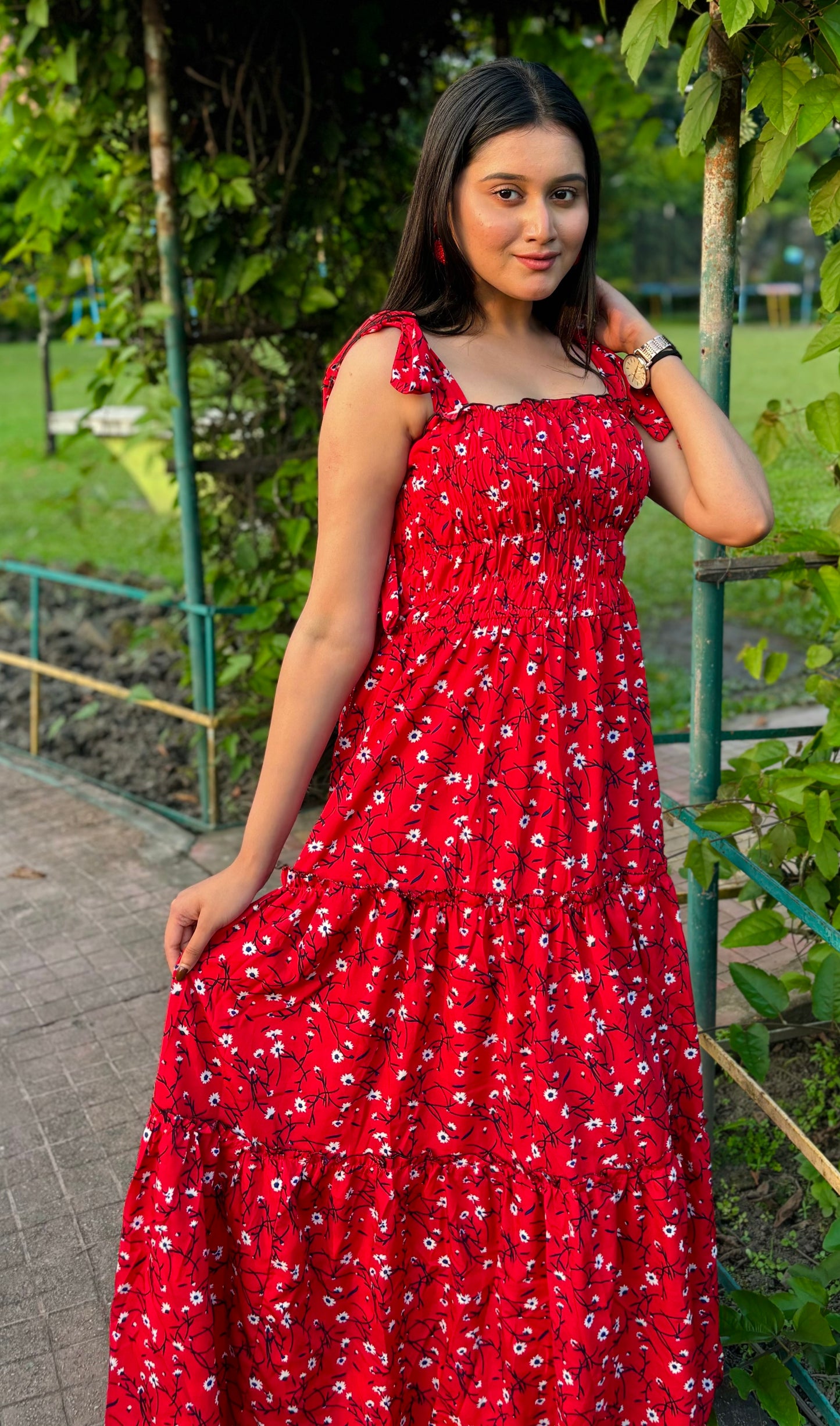 Women red flared dress