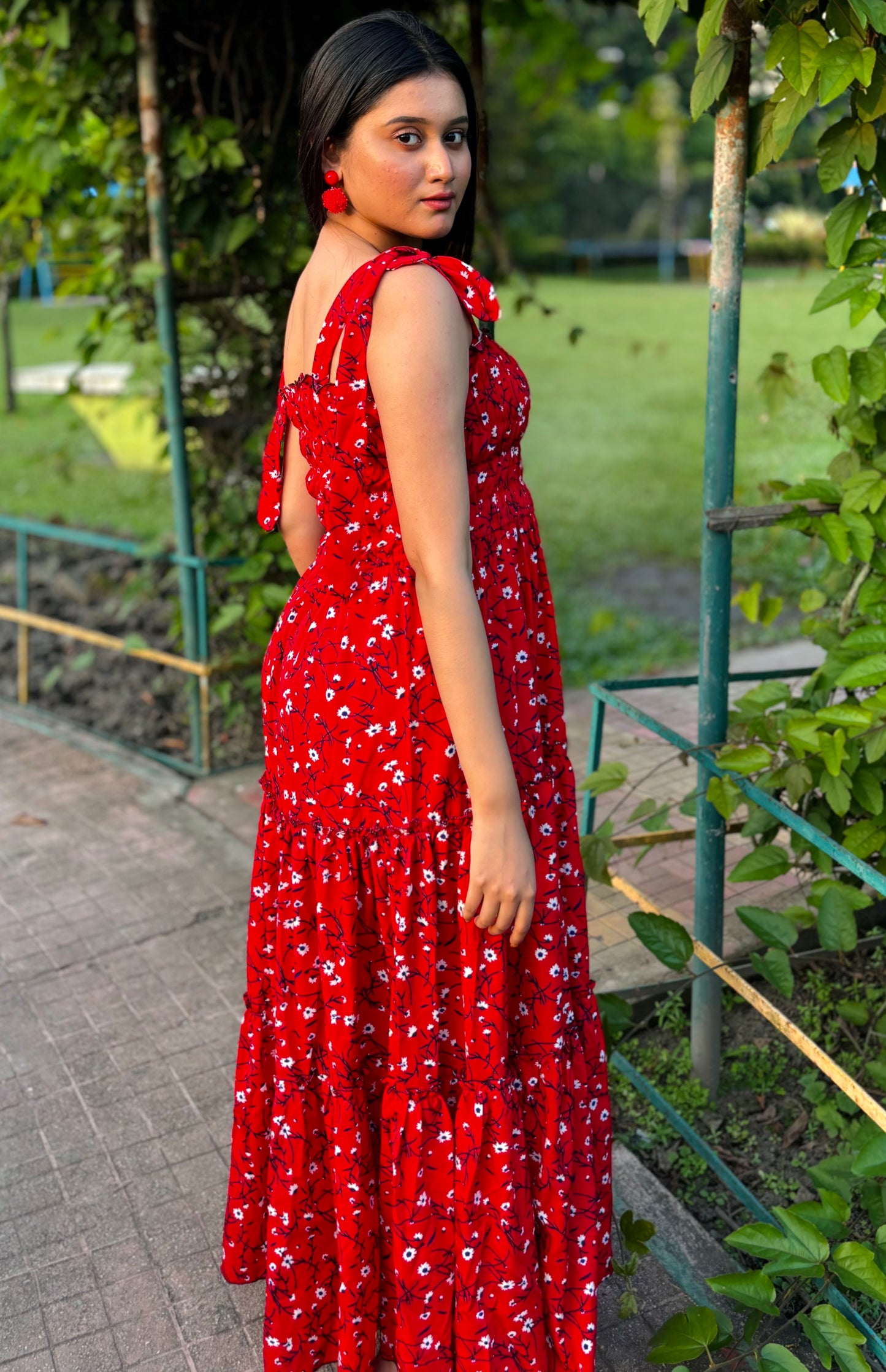Women red flared dress