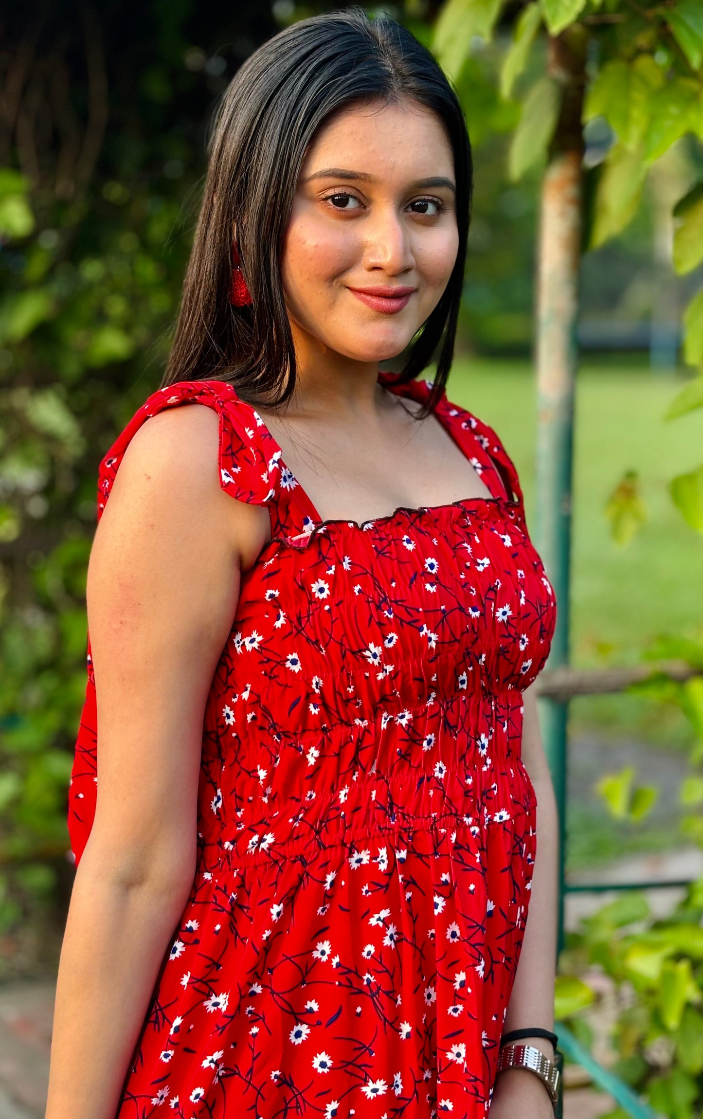 Women red flared dress